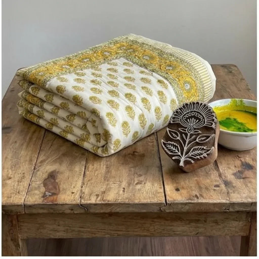 Cream & Mustard Yellow Jaipur Indian hand block print floral quilted comforter | Jaipur Indian block print cotton muslin quilted comforter | Sanganer hand block print floral bedding | quilt Queen King size India handicraft | House of Avana
