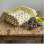Cream & Mustard Yellow Jaipur Indian hand block print floral quilted comforter | Jaipur Indian block print cotton muslin quilted comforter | Sanganer hand block print floral bedding | quilt Queen King size India handicraft | House of Avana