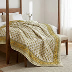Cream & Mustard Yellow Jaipur Indian hand block print floral quilted comforter | Jaipur Indian hand block print cotton muslin quilted comforter | Sanganer floral block print bedding | Queen King size quilt India | House of Avana