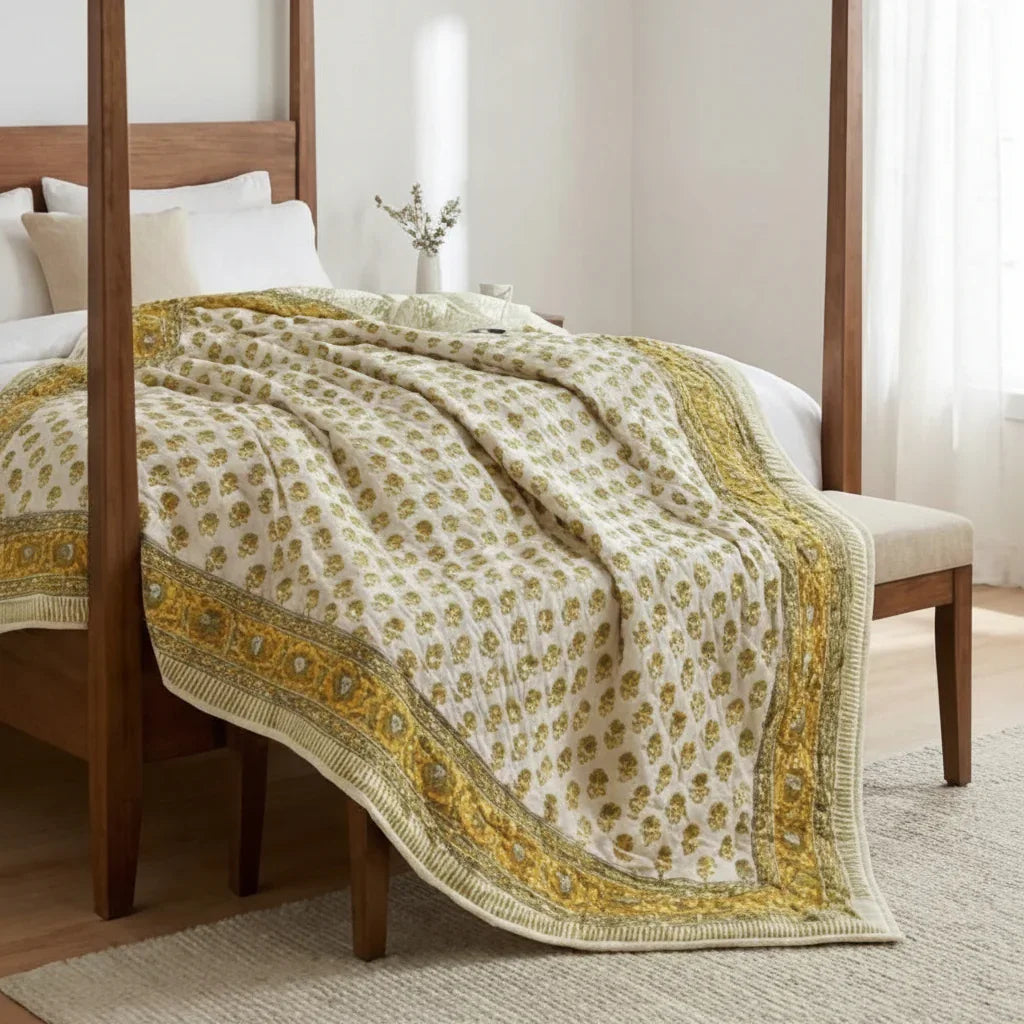 Cream & Mustard Yellow Jaipur Indian hand block print floral quilted comforter | Jaipur Indian hand block print cotton muslin quilted comforter | Sanganer floral block print bedding | Queen King size quilt India | House of Avana