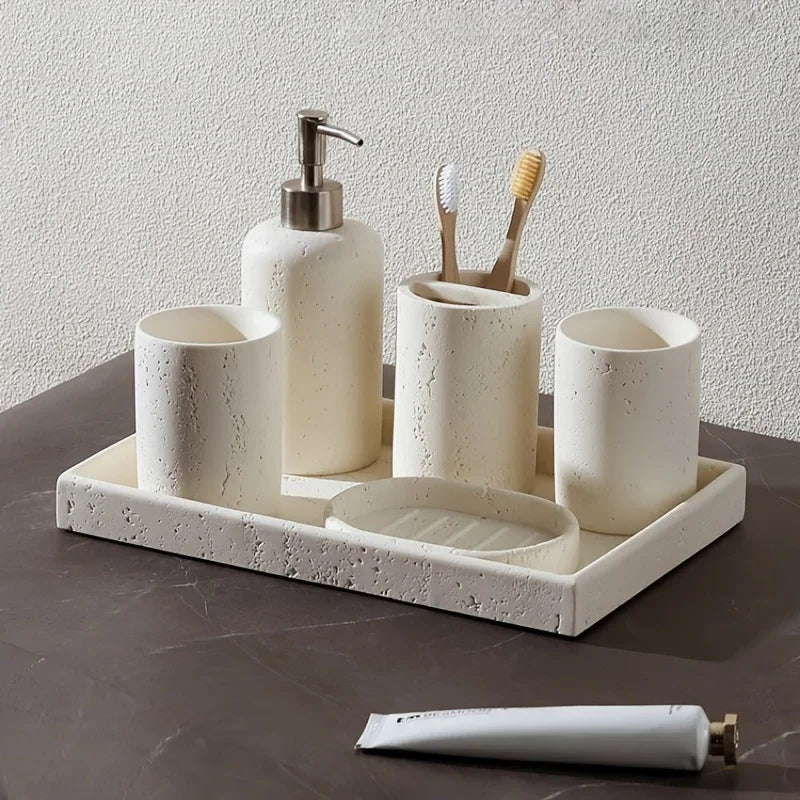 Imitation Stone Beige Bathroom Tray with Surface Pattern, Bathroom Organizer for Toiletries and Accessories, Toothbrush Holder, Shower Gel & Aroma Rack, Home Storage Tray Suitable for Household, Bathrooms, Hotels, and Restroo House Of Avana
