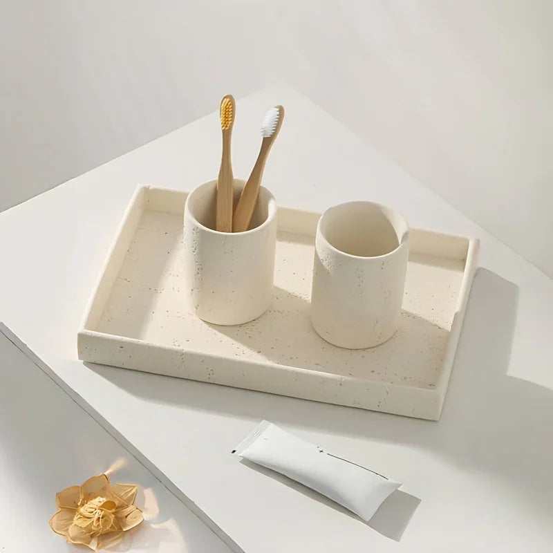 Imitation Stone Beige Bathroom Tray with Surface Pattern, Bathroom Organizer for Toiletries and Accessories, Toothbrush Holder, Shower Gel & Aroma Rack, Home Storage Tray Suitable for Household, Bathrooms, Hotels, and Restroo House Of Avana