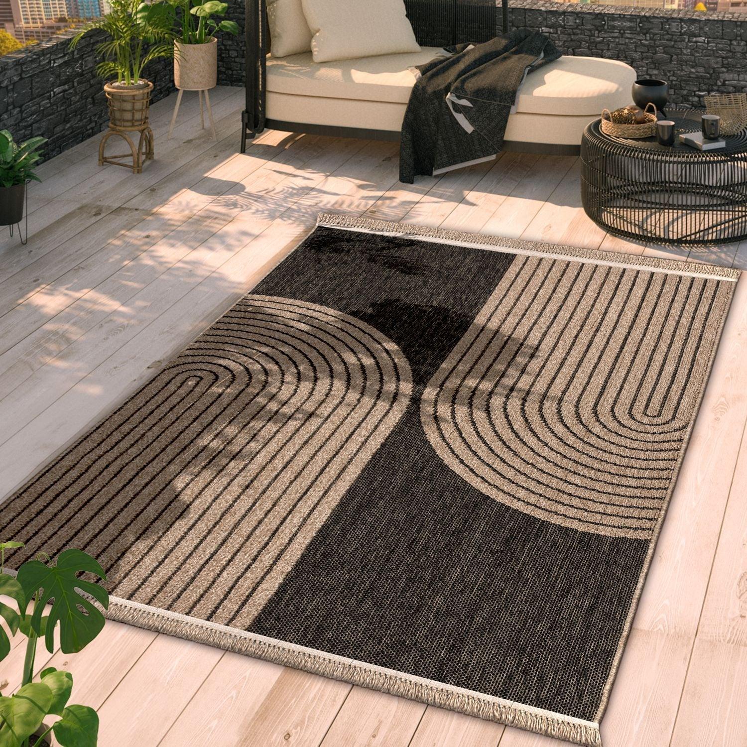 In- & Outdoor Rug Cologne with Modern Lines Design in Beige Black RugYourHome