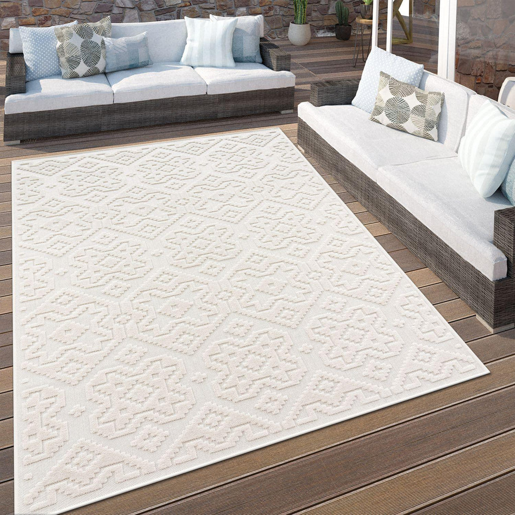 In- & Outdoor Rug Marrakesh High-Low Diamond Effect Pattern Cream RugYourHome