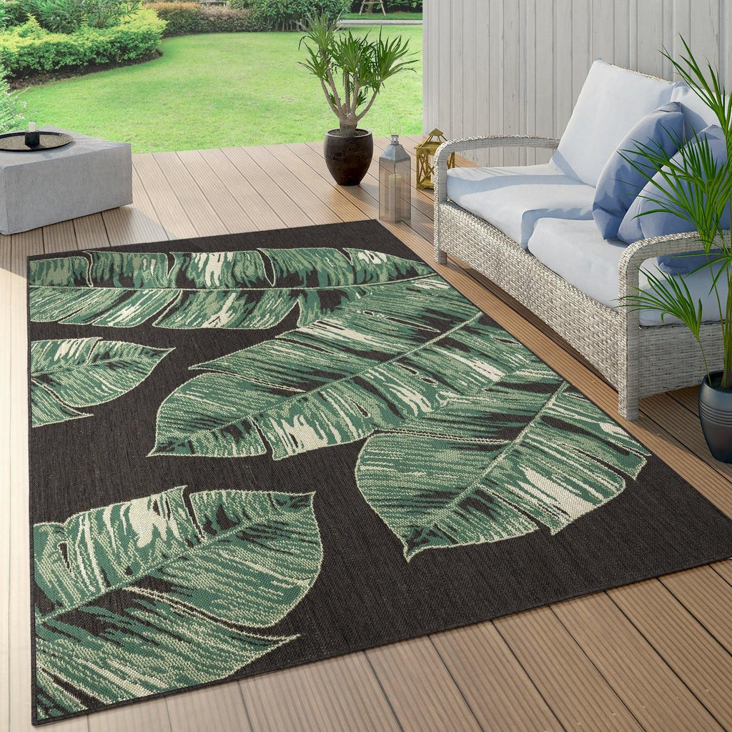 In- & Outdoor Rug Ostende Jungle Leaves - Black Green RugYourHome