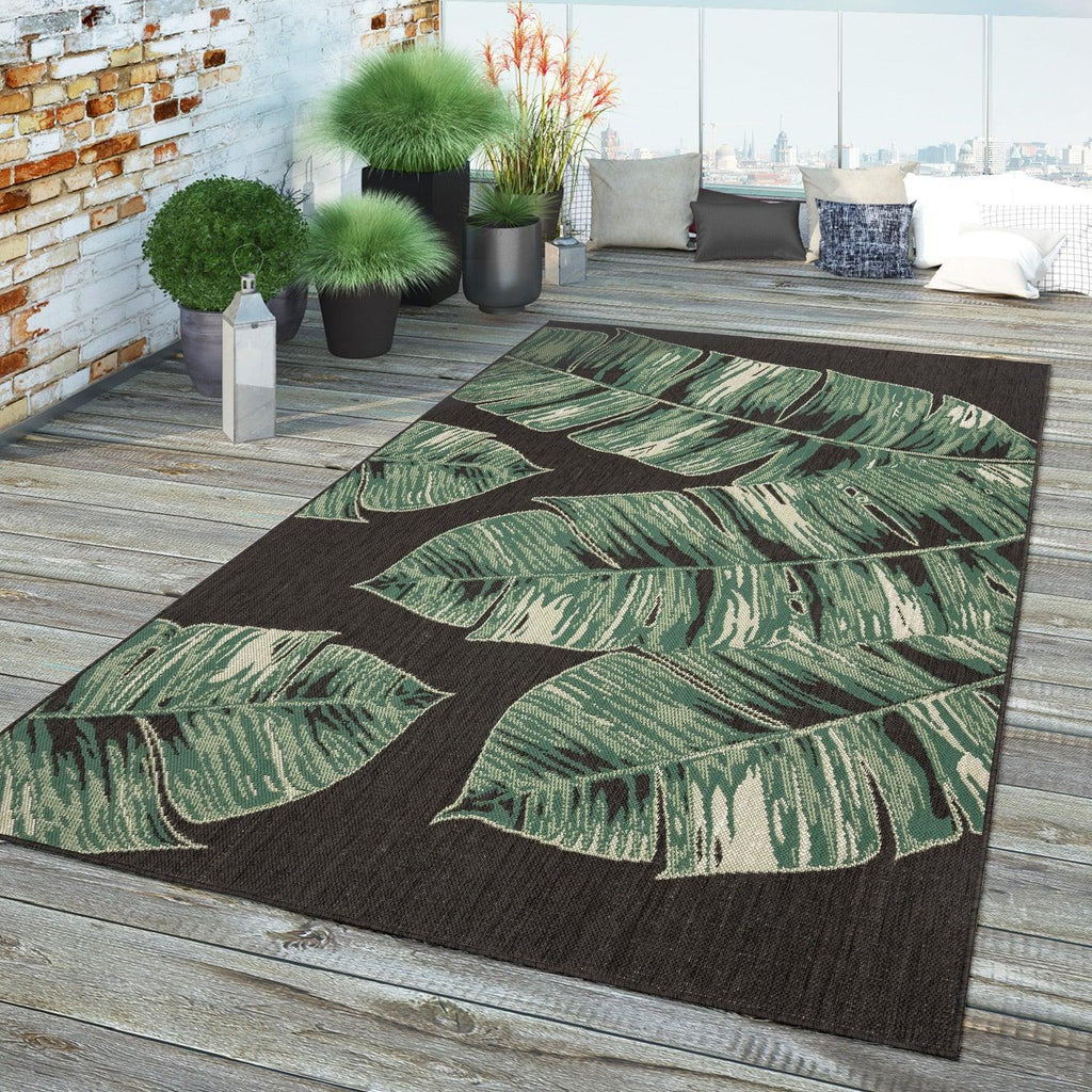 In- & Outdoor Rug Ostende Jungle Leaves - Black Green RugYourHome