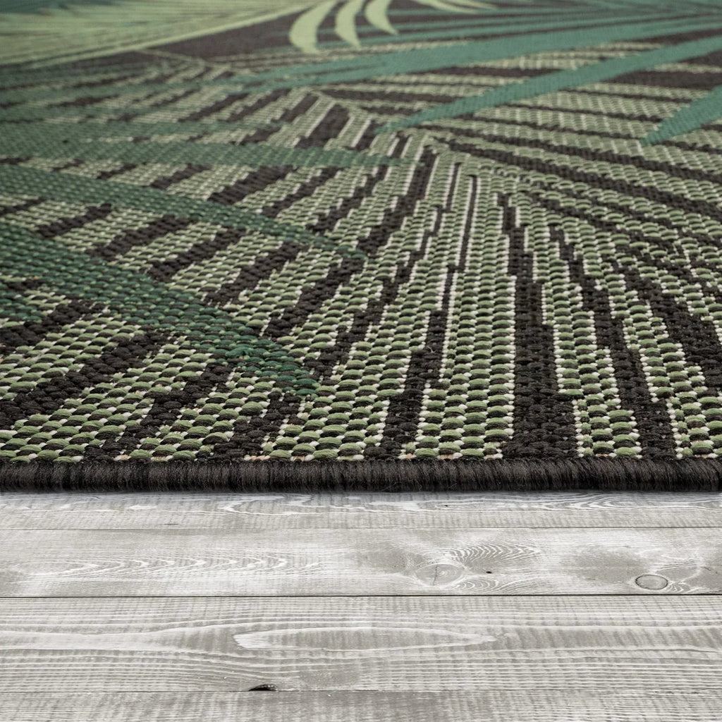 Outdoor Rug Ostende Tropical Palm Leaves - Black Green RugYourHome
