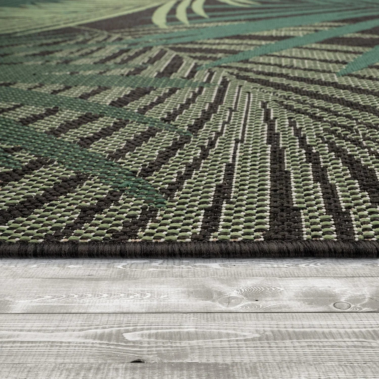 Outdoor Rug Ostende Tropical Palm Leaves - Black Green RugYourHome