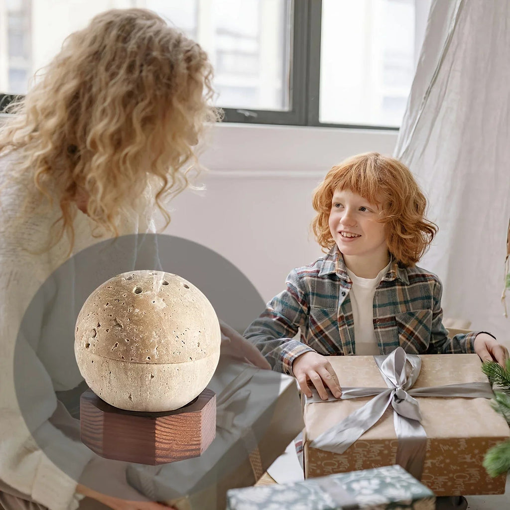 , Natural Travertine Incense Burner, Round Handmade Sphere Incense Burner with Hexagon Wood Holder for... - House Of Avana [[SKU:HOA-FRG-001]]