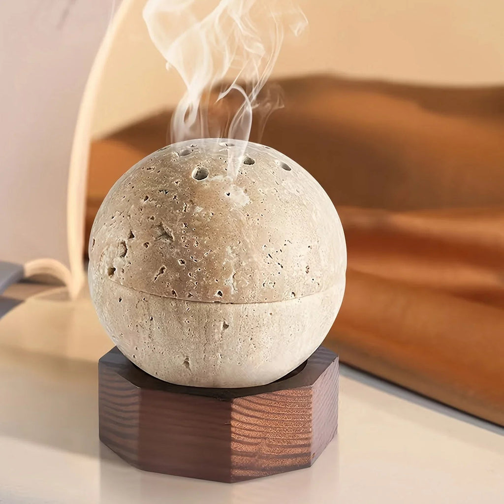 , Natural Travertine Incense Burner, Round Handmade Sphere Incense Burner with Hexagon Wood Holder for... - House Of Avana [[SKU:HOA-FRG-001]]