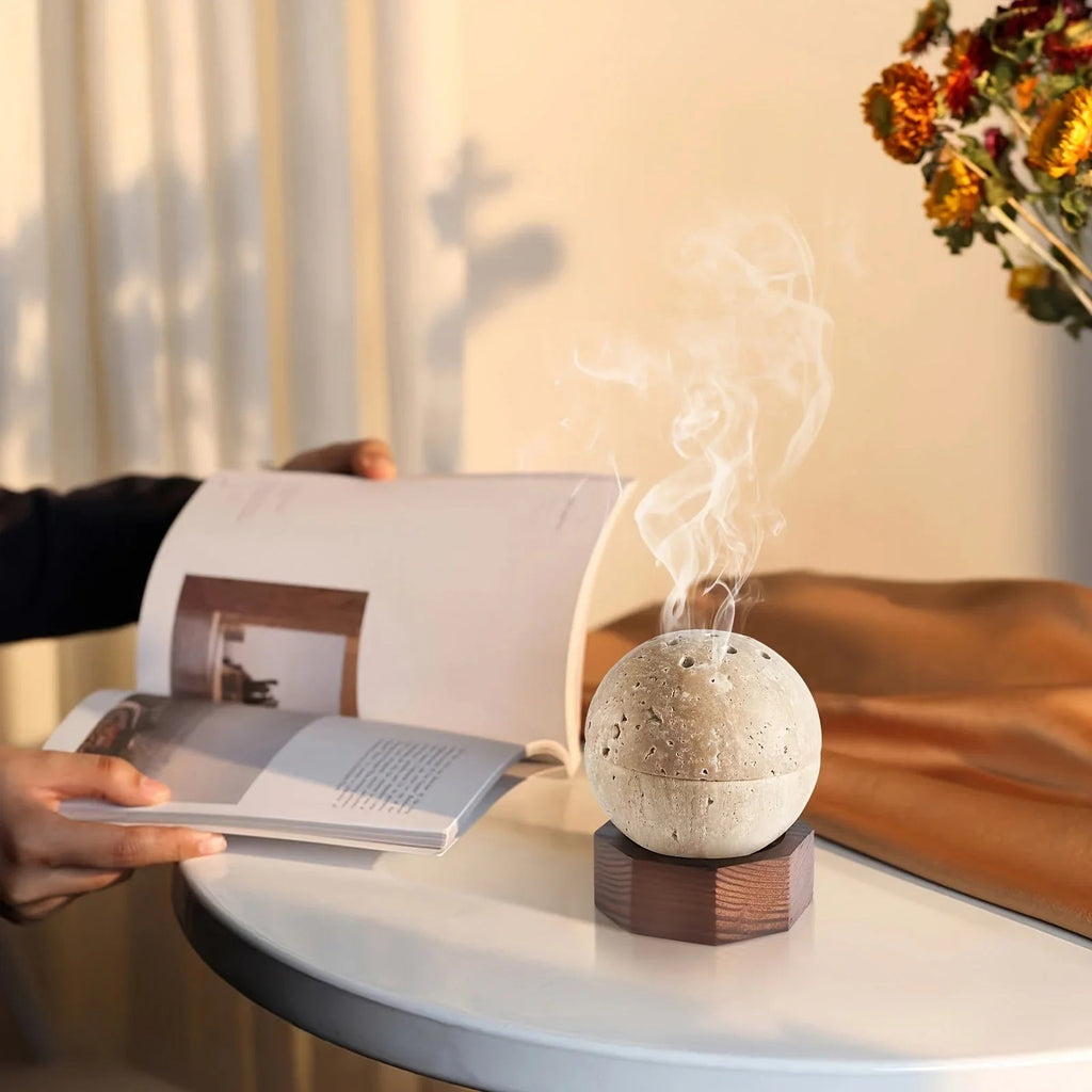 , Natural Travertine Incense Burner, Round Handmade Sphere Incense Burner with Hexagon Wood Holder for... - House Of Avana [[SKU:HOA-FRG-001]]