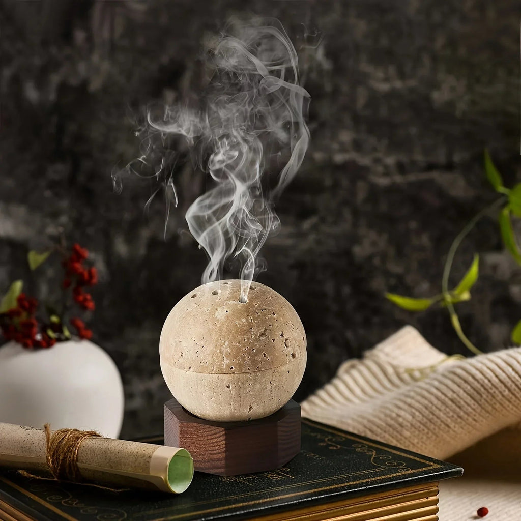 , Natural Travertine Incense Burner, Round Handmade Sphere Incense Burner with Hexagon Wood Holder for... - House Of Avana [[SKU:HOA-FRG-001]]