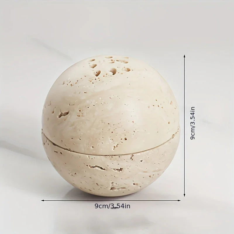 , Natural Travertine Incense Burner, Round Handmade Sphere Incense Burner with Hexagon Wood Holder for... - House Of Avana [[SKU:HOA-FRG-001]]