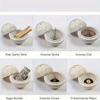 , Natural Travertine Incense Burner, Round Handmade Sphere Incense Burner with Hexagon Wood Holder for... - House Of Avana