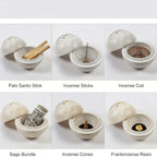 , Natural Travertine Incense Burner, Round Handmade Sphere Incense Burner with Hexagon Wood Holder for... - House Of Avana [[SKU:HOA-FRG-001]]