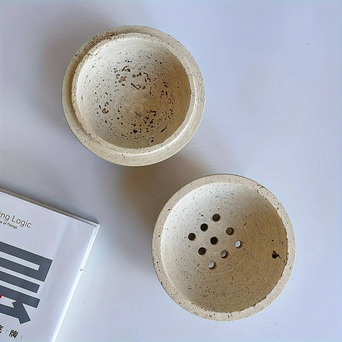 , Natural Travertine Incense Burner, Round Handmade Sphere Incense Burner with Hexagon Wood Holder for... - House Of Avana [[SKU:HOA-FRG-001]]