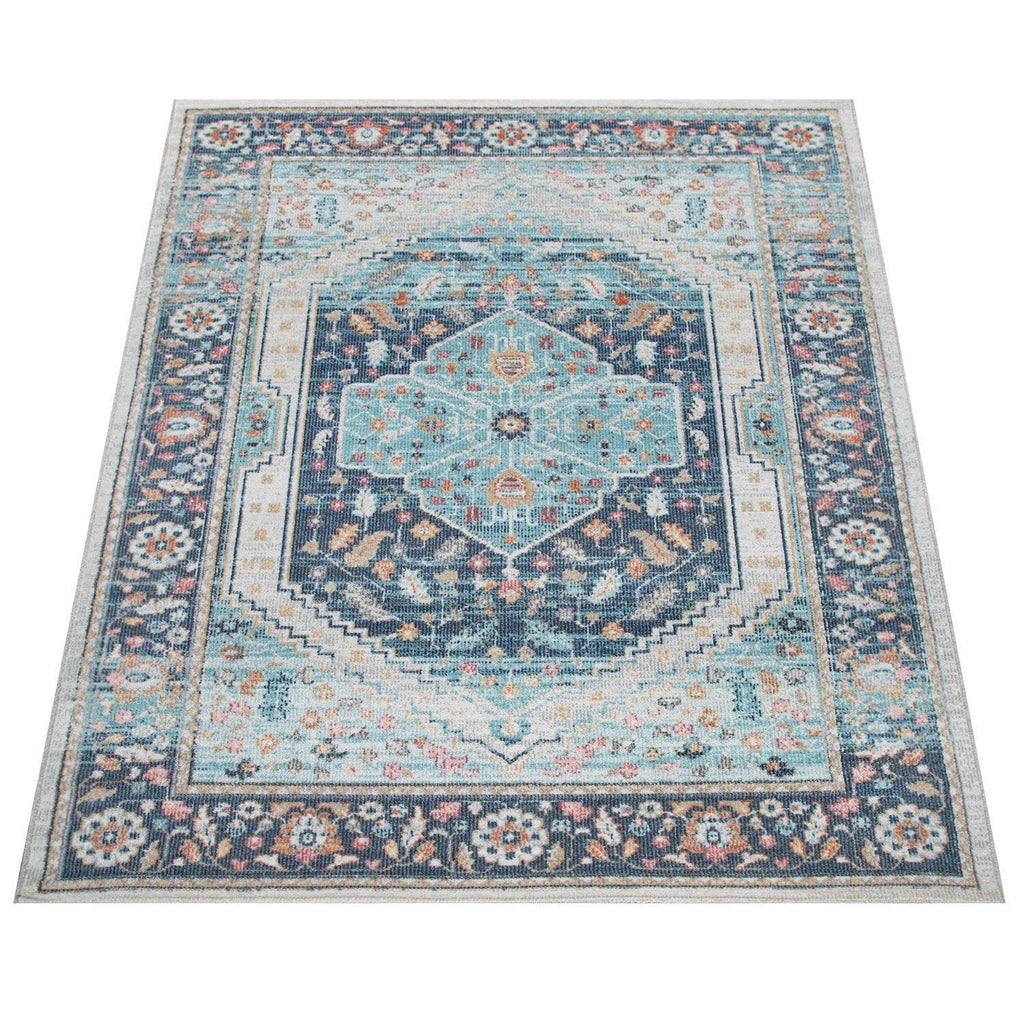 Blue multi-colored Torres Oriental design rug, indoor/outdoor durable material - House of Avana