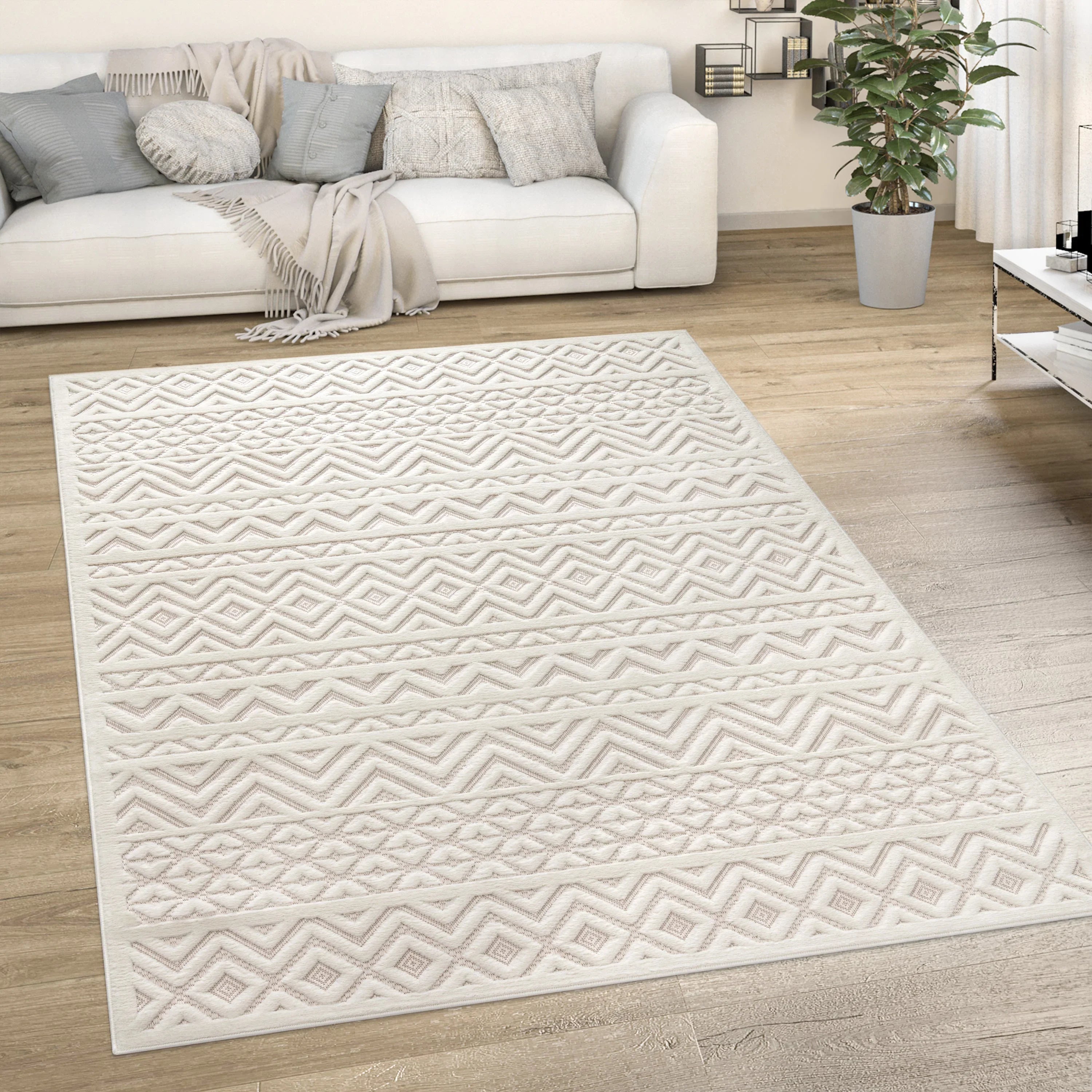 Indoor Outdoor Rug Livorno Boho High-Low Pattern In Cream RugYourHome