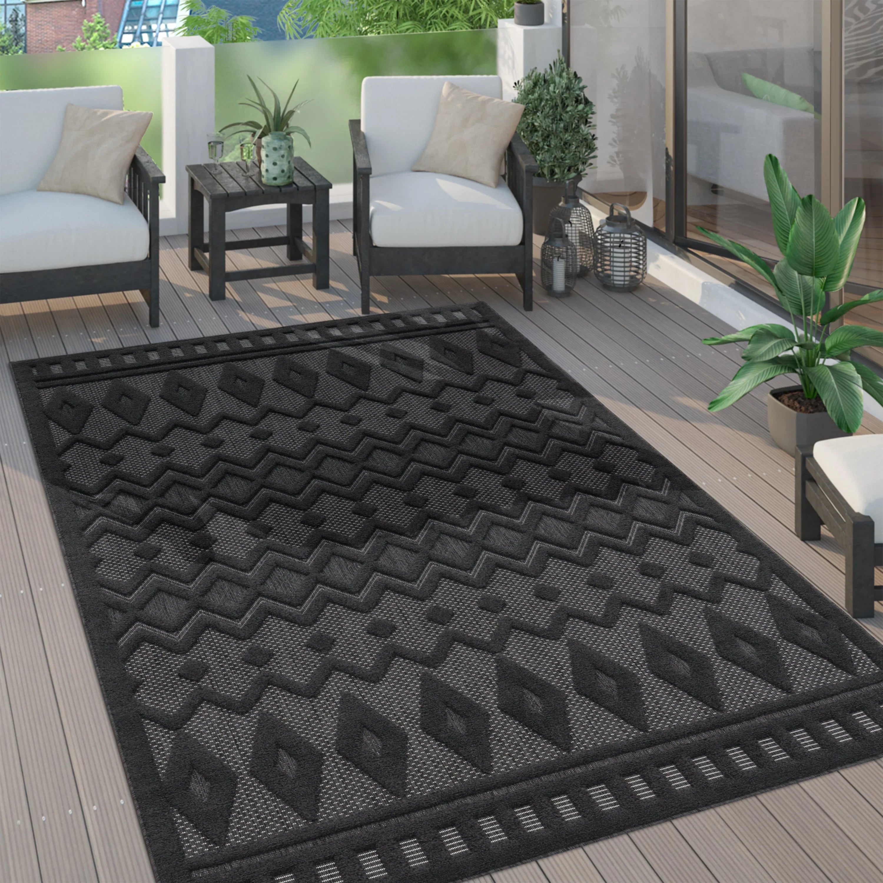 Indoor Outdoor Rug Livorno Geometric Trellis Pattern In Anthracite RugYourHome