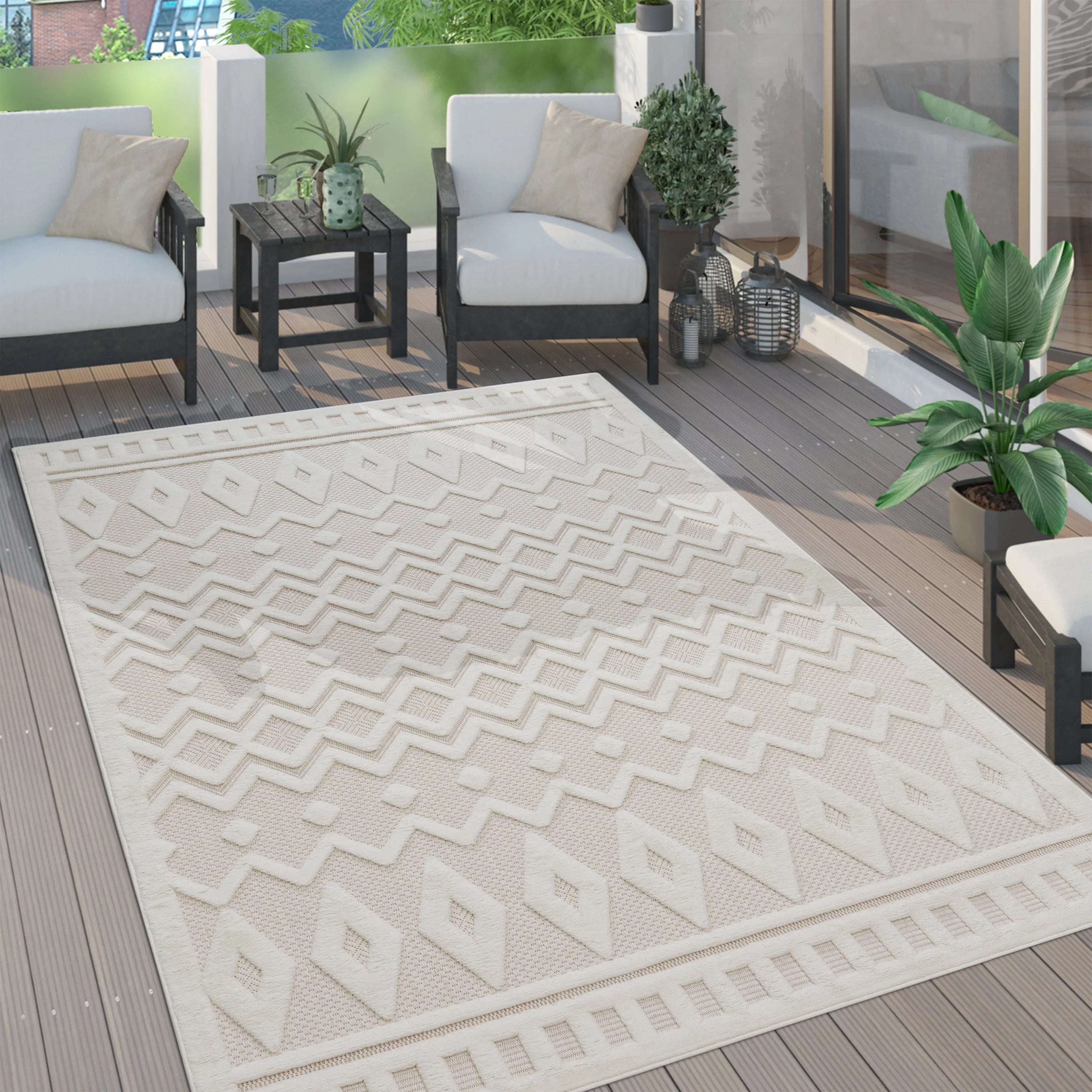 Indoor Outdoor Rug Livorno Geometric Trellis Pattern In Cream RugYourHome