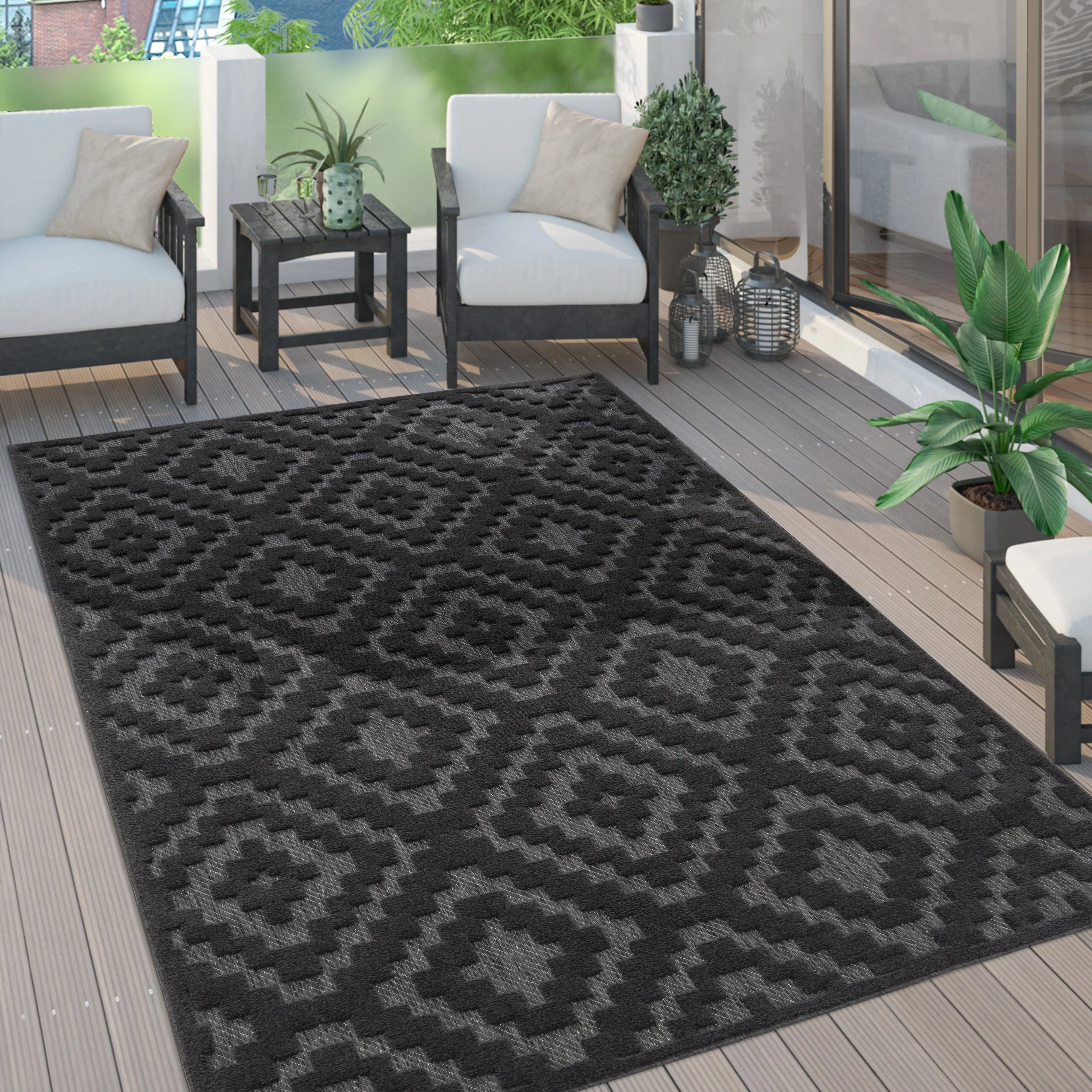 Indoor Outdoor Rug Livorno Trellis High-Low Pattern In Anthracite RugYourHome