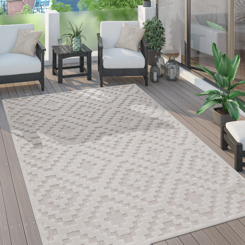 Indoor Outdoor Rug Livorno Trellis High-Low Pattern In Cream RugYourHome