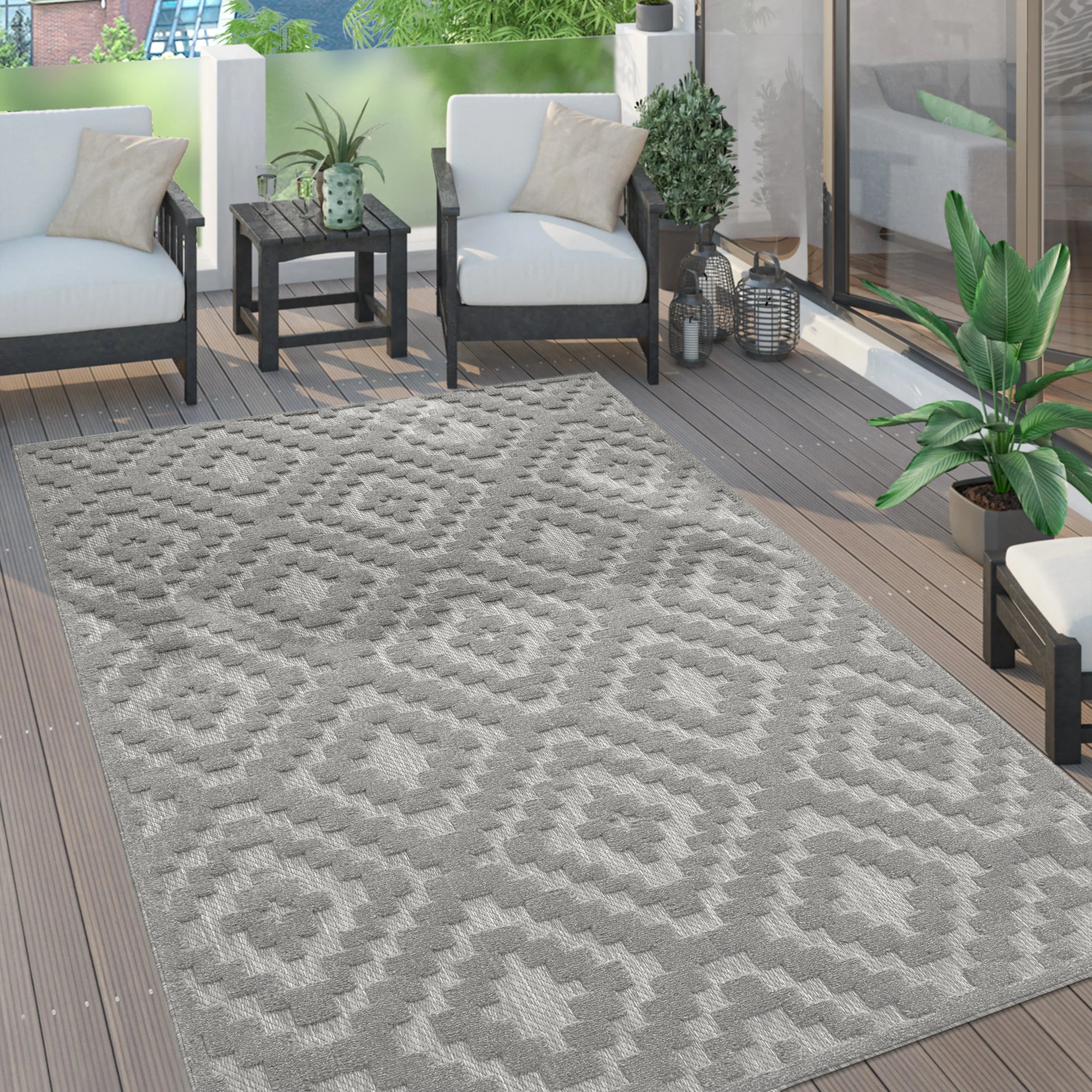 Indoor Outdoor Rug Livorno Trellis High-Low Pattern In Grey RugYourHome