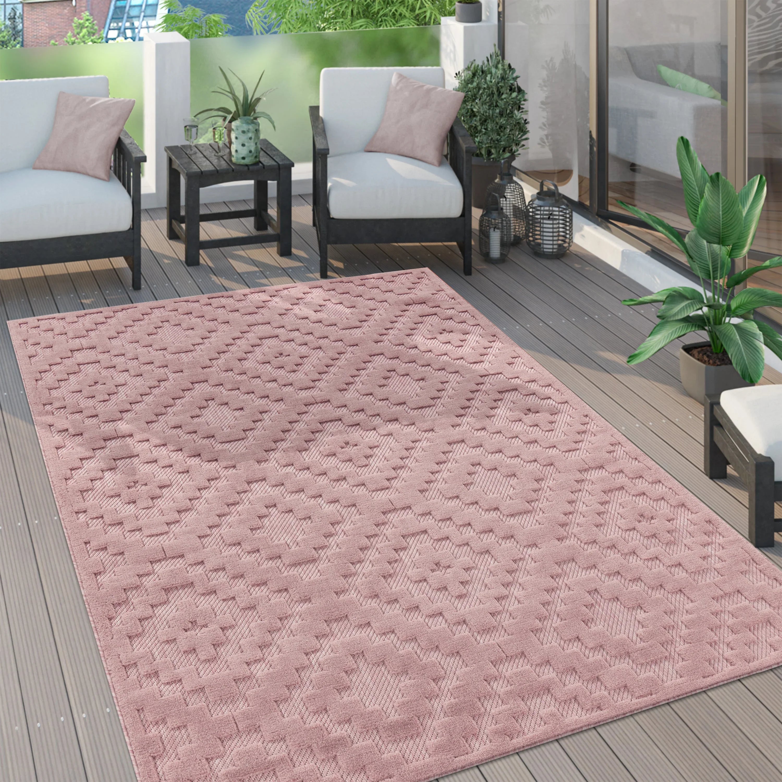 Indoor Outdoor Rug Livorno Trellis High-Low Pattern In Pink RugYourHome