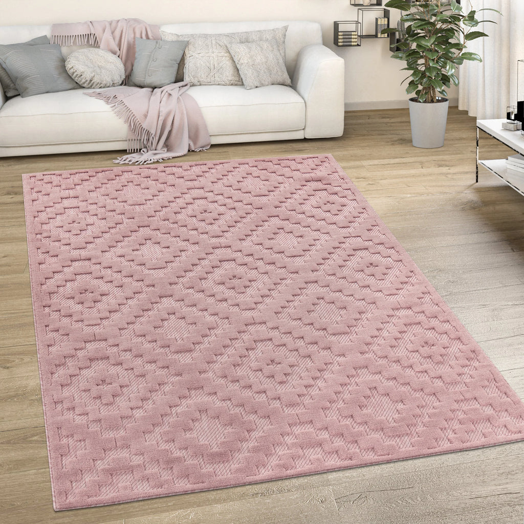 Indoor Outdoor Rug Livorno Trellis High-Low Pattern In Pink RugYourHome
