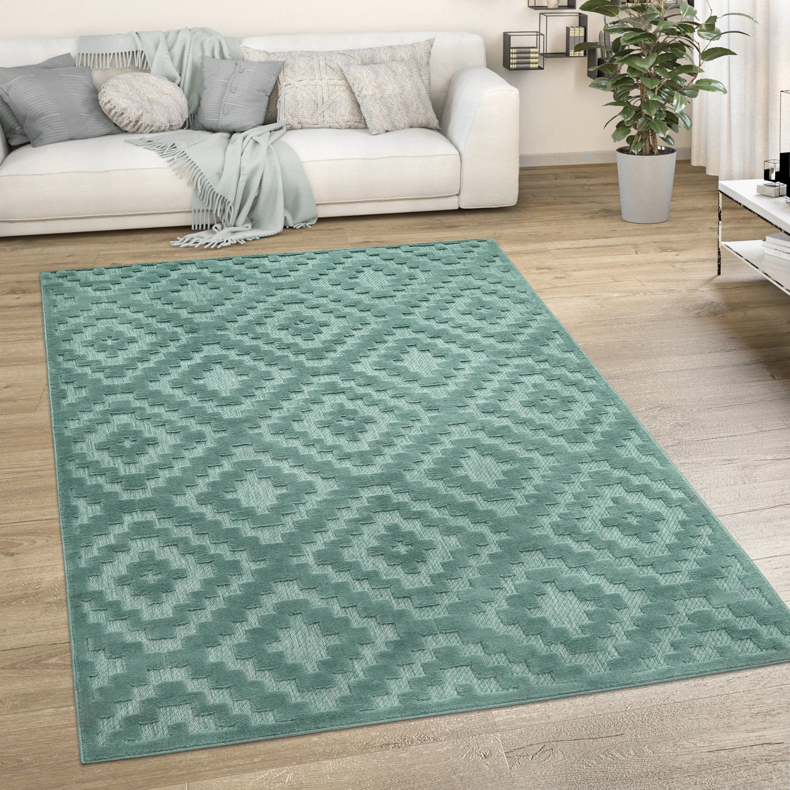 Indoor Outdoor Rug Livorno Trellis High-Low Pattern In Turquoise RugYourHome