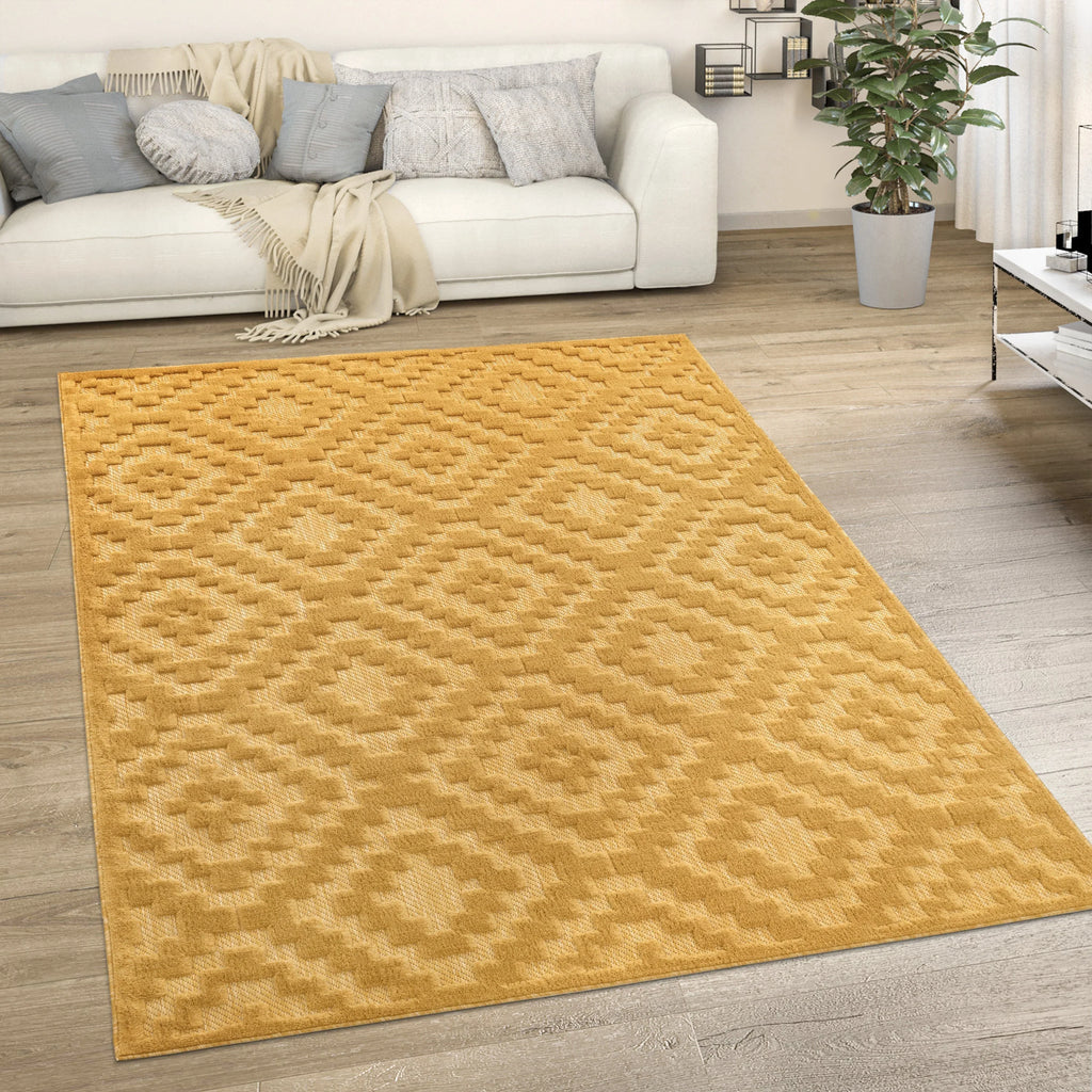 Yellow trellis pattern rug with high-low design, indoor outdoor use - House of Avana