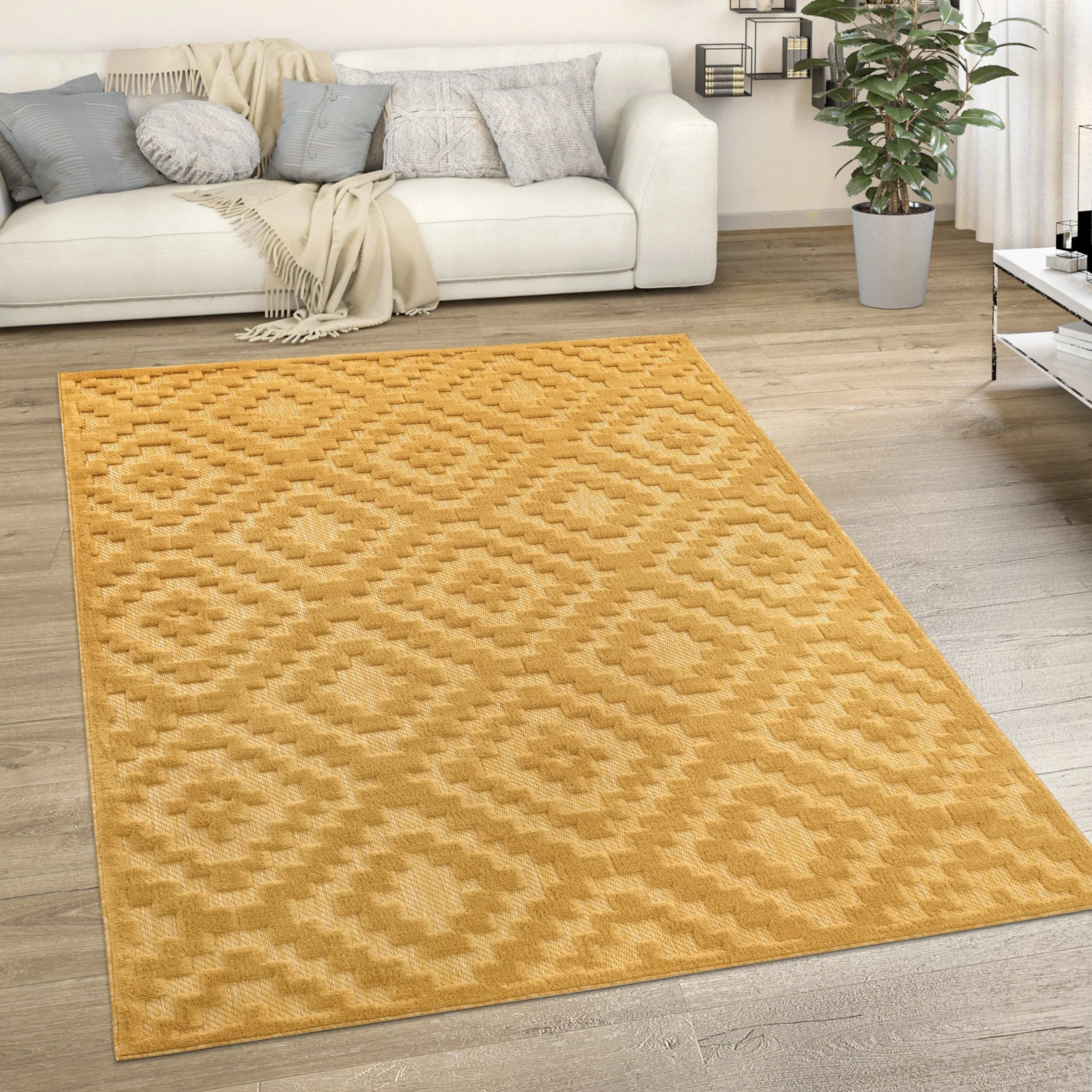 Yellow trellis pattern rug with high-low design, indoor outdoor use - House of Avana