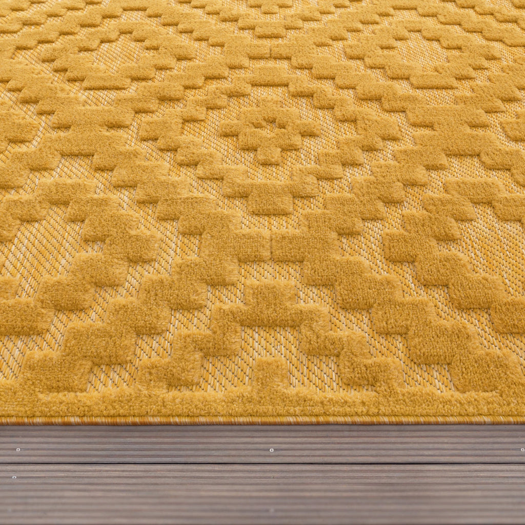 Yellow trellis pattern rug with high-low design, indoor outdoor use - House of Avana