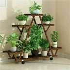 Indoor Outdoor Solid Wood Triangular Multi-Tier Plant Stand with Locking Wheels