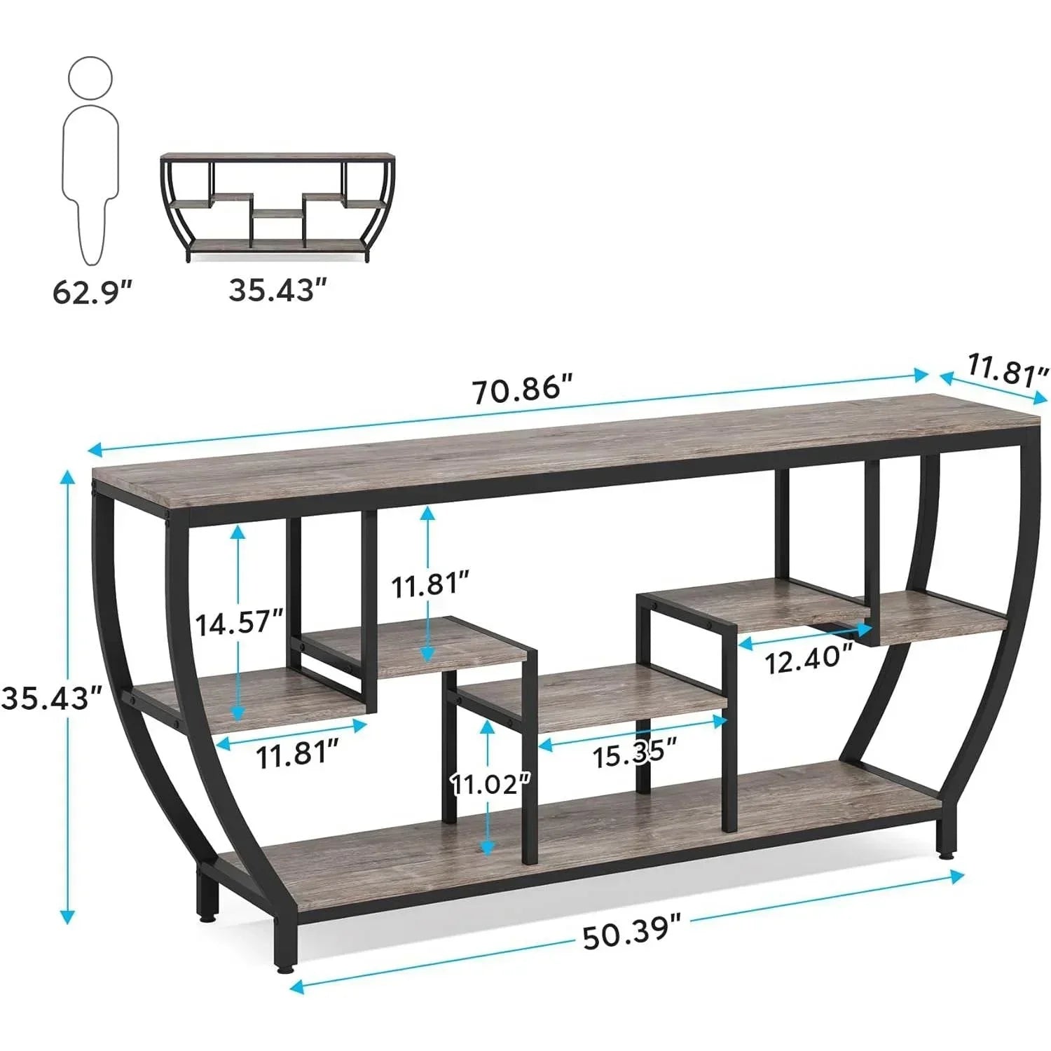 Industrial Chic 70-inch Long Narrow Console Sofa Table with Gray Wood Shelves