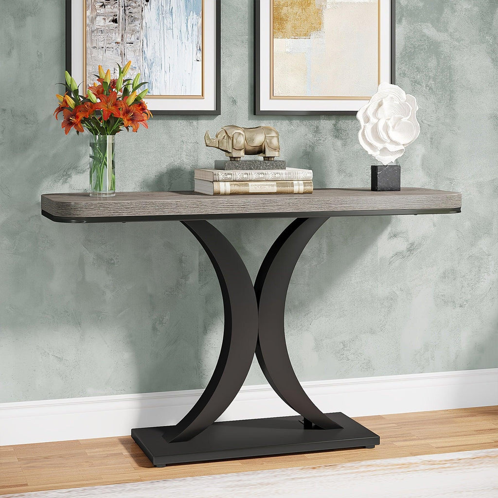 Industrial Console Table Sofa Table, 40 Inch Narrow Entryway Foyer Table With Geometric Base, Rustic Hallway Accent Table For Living Room, Entrance, Small Space, Gray And Black, Christmas Renewals - House Of Avana
