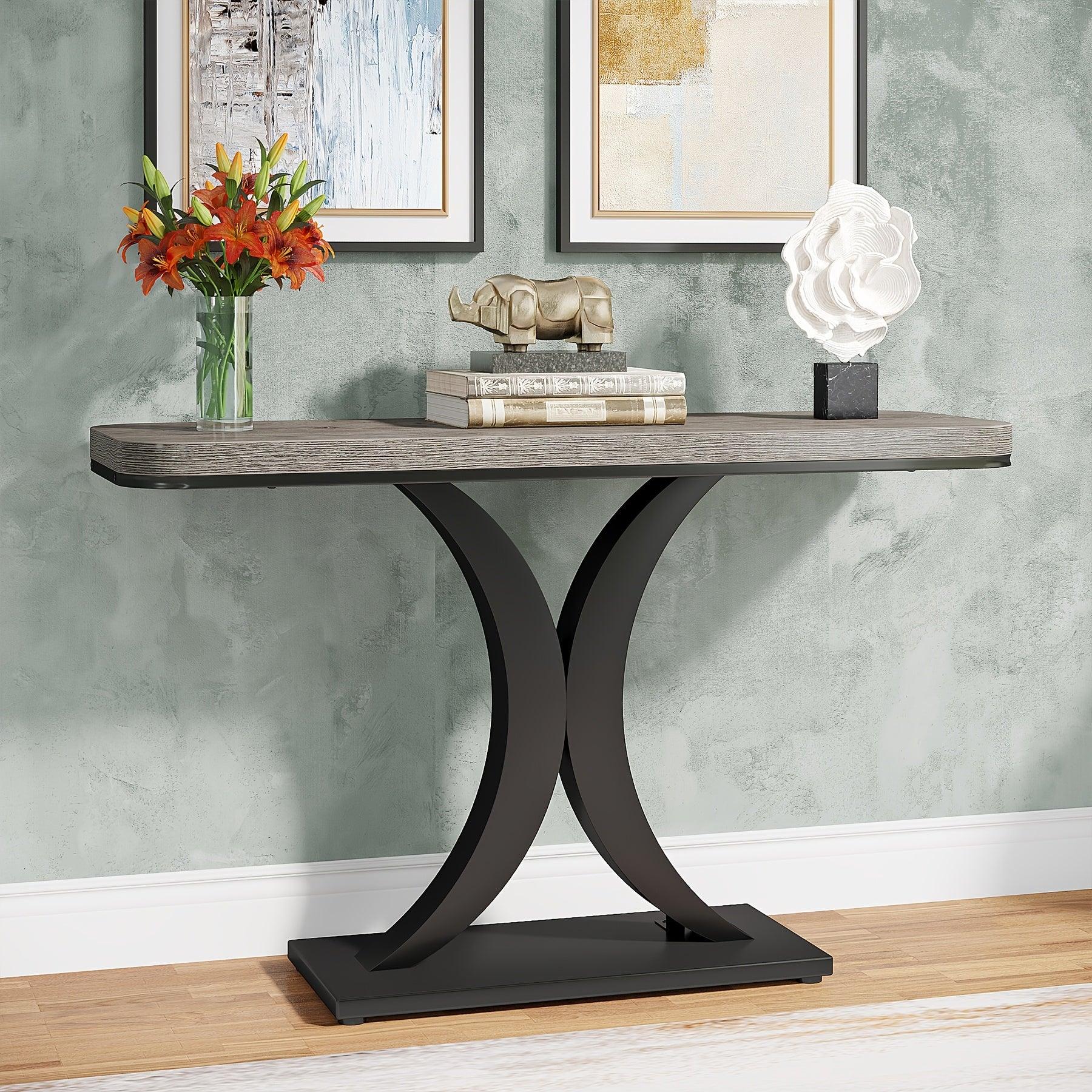 Industrial Console Table Sofa Table, 40 Inch Narrow Entryway Foyer Table With Geometric Base, Rustic Hallway Accent Table For Living Room, Entrance, Small Space, Gray And Black, Christmas Renewals - House Of Avana