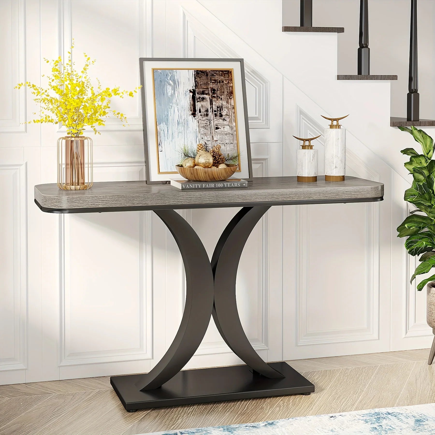 Industrial Console Table Sofa Table, 40 Inch Narrow Entryway Foyer Table With Geometric Base, Rustic Hallway Accent Table For Living Room, Entrance, Small Space, Gray And Black, Christmas Renewals - House Of Avana