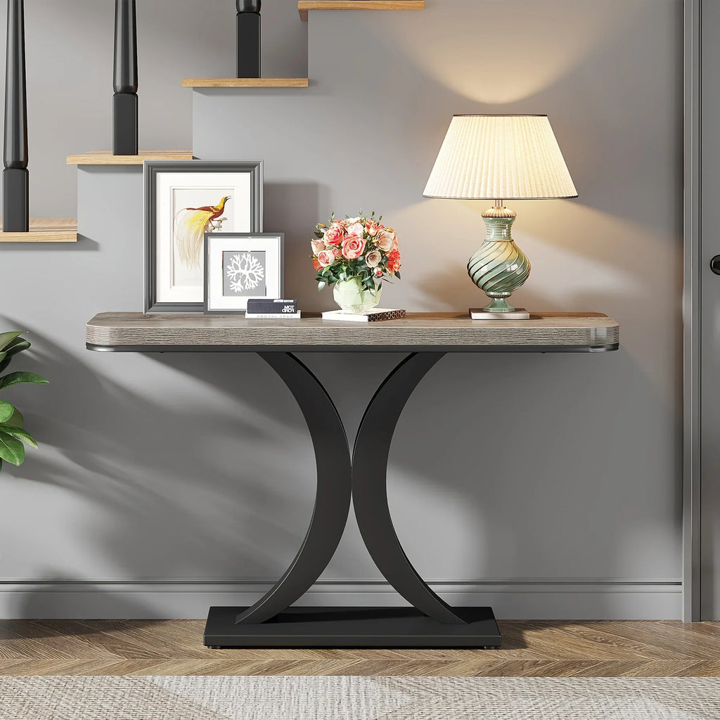 Industrial Console Table Sofa Table, 40 Inch Narrow Entryway Foyer Table With Geometric Base, Rustic Hallway Accent Table For Living Room, Entrance, Small Space, Gray And Black, Christmas Renewals - House Of Avana