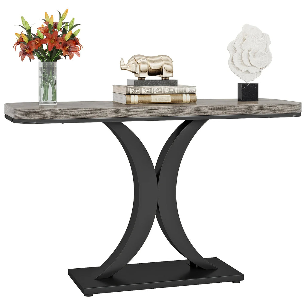 Industrial Console Table Sofa Table, 40 Inch Narrow Entryway Foyer Table With Geometric Base, Rustic Hallway Accent Table For Living Room, Entrance, Small Space, Gray And Black, Christmas Renewals - House Of Avana