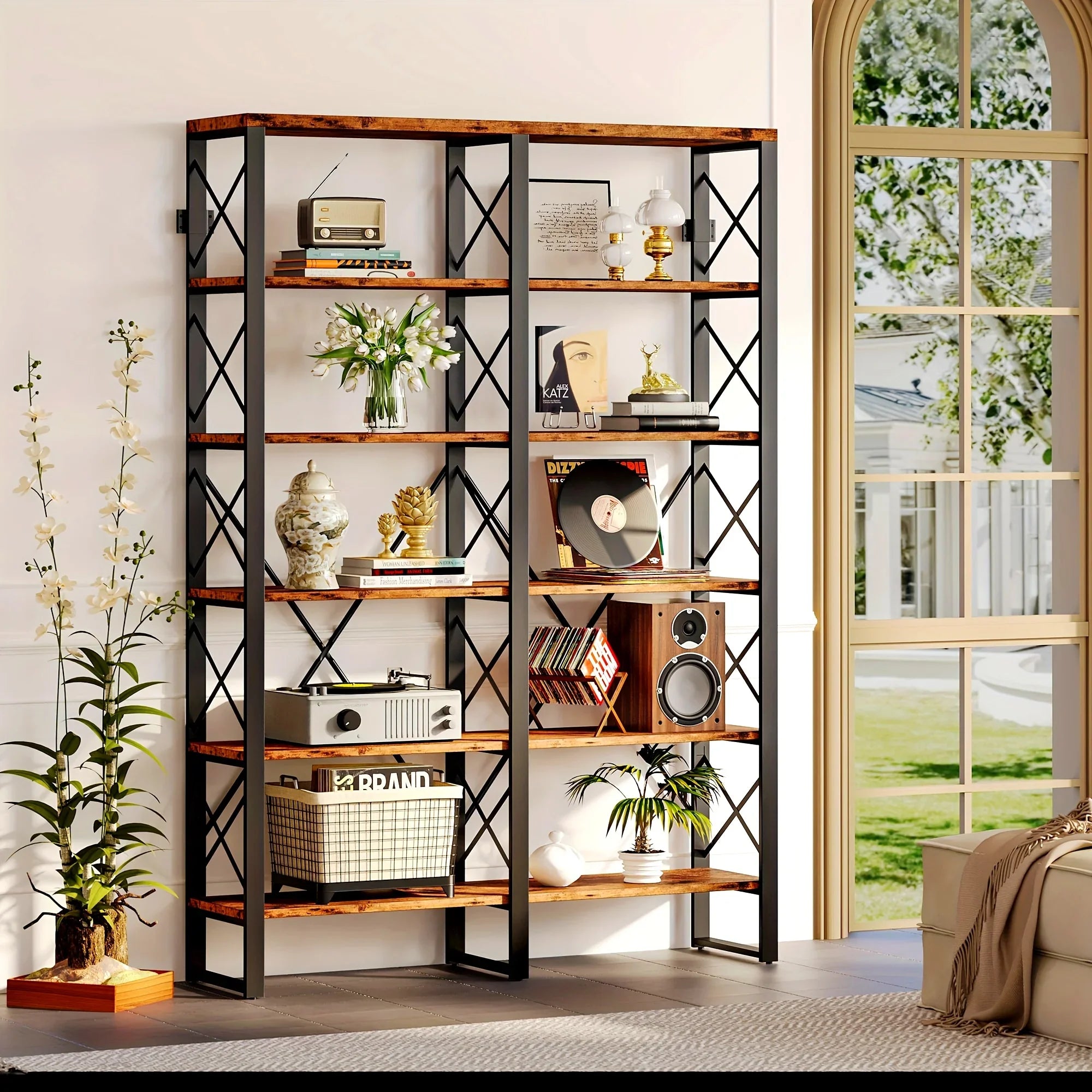 76" Tall Industrial Style 6-Tier Double Bookcase, Spacious Open Storage Unit for Home Workspace, Wood & Metal Frame Easy Setup, Book Organizers And Storage, Small Bookcase, Book Storage, Bookshelf for Small Spaces, Book Organ House Of Avana