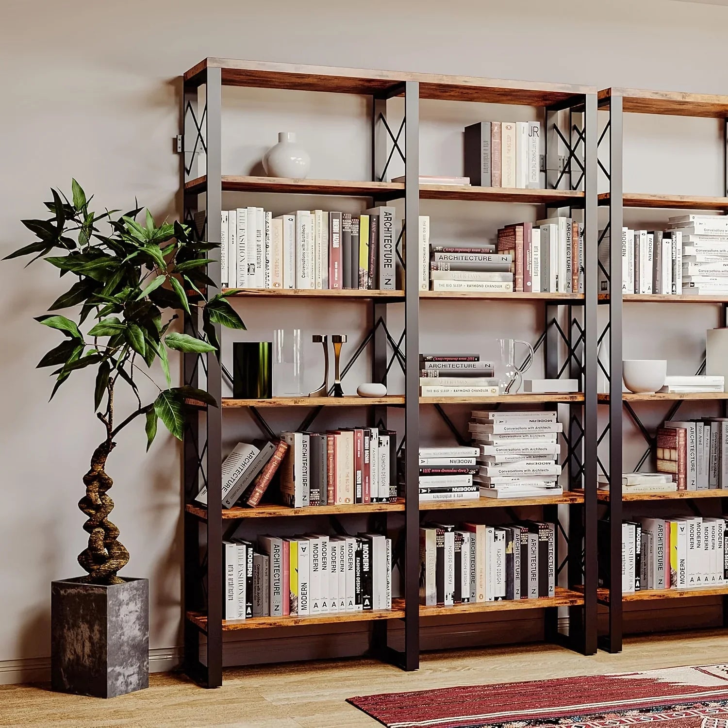 76" Tall Industrial Style 6-Tier Double Bookcase, Spacious Open Storage Unit for Home Workspace, Wood & Metal Frame Easy Setup, Book Organizers And Storage, Small Bookcase, Book Storage, Bookshelf for Small Spaces, Book Organ House Of Avana