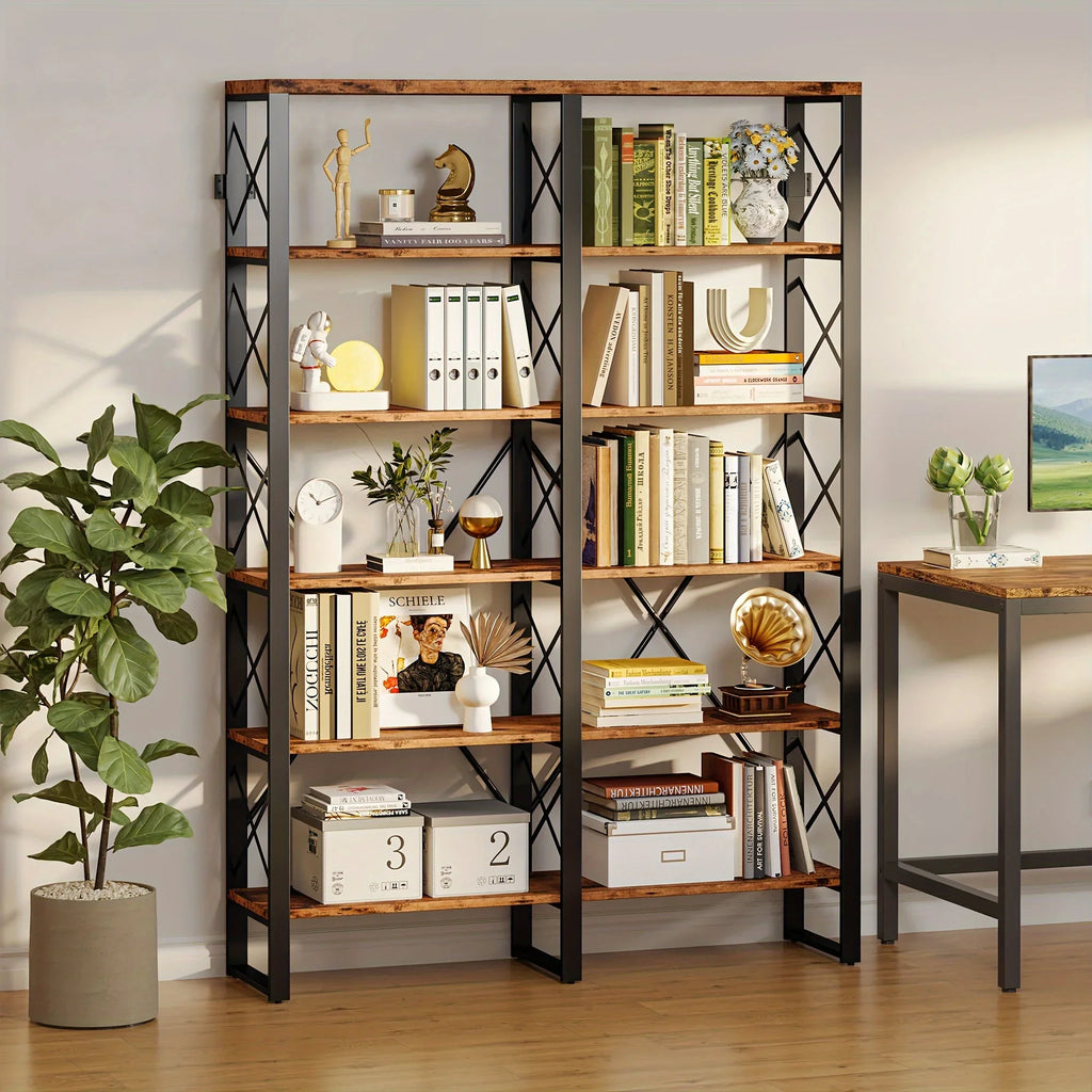 76" Tall Industrial Style 6-Tier Double Bookcase, Spacious Open Storage Unit for Home Workspace, Wood & Metal Frame Easy Setup, Book Organizers And Storage, Small Bookcase, Book Storage, Bookshelf for Small Spaces, Book Organ House Of Avana