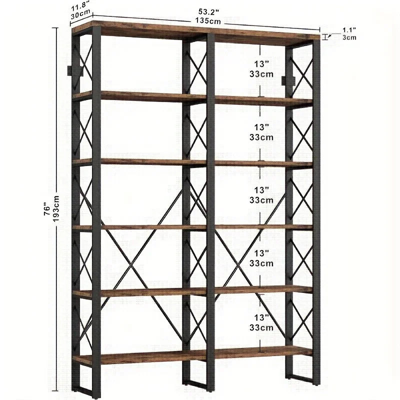 76" Tall Industrial Style 6-Tier Double Bookcase, Spacious Open Storage Unit for Home Workspace, Wood & Metal Frame Easy Setup, Book Organizers And Storage, Small Bookcase, Book Storage, Bookshelf for Small Spaces, Book Organ House Of Avana