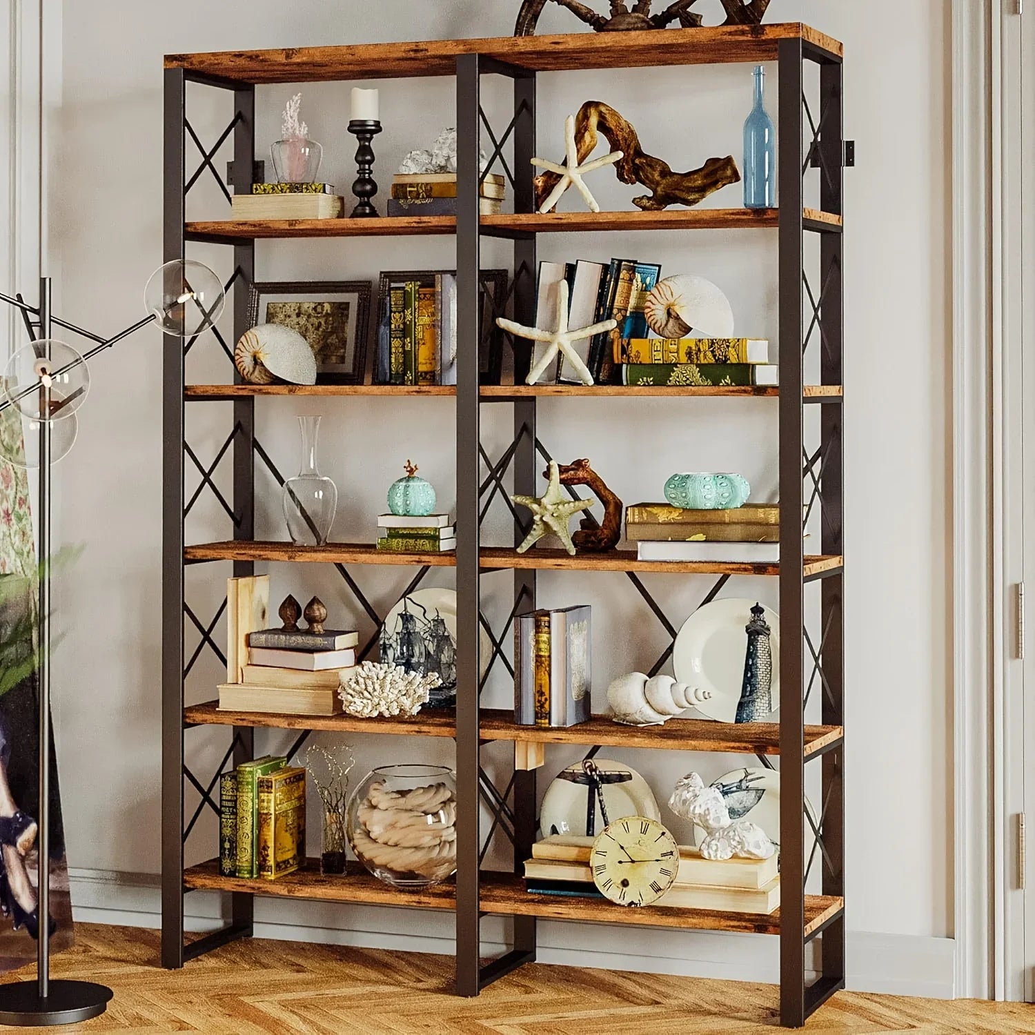 76" Tall Industrial Style 6-Tier Double Bookcase, Spacious Open Storage Unit for Home Workspace, Wood & Metal Frame Easy Setup, Book Organizers And Storage, Small Bookcase, Book Storage, Bookshelf for Small Spaces, Book Organ House Of Avana