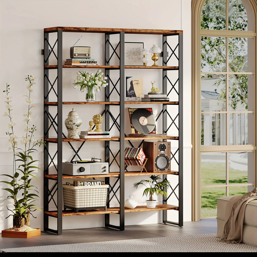 76" Tall Industrial Style 6-Tier Double Bookcase, Spacious Open Storage Unit for Home Workspace, Wood & Metal Frame Easy Setup, Book Organizers And Storage, Small Bookcase, Book Storage, Bookshelf for Small Spaces, Book Organ House Of Avana