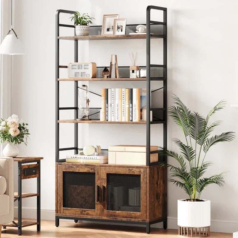 Industrial Farmhouse Bookshelf with Doors - Heavy-Duty Metal 4-Tier Bookcase, Extra Tall 70.87" Storage Cabinet, Easy Assembly Freestanding Shelf for Living Room, Home Office, Bedroom - Brown Industrial Decor Furniture, Books House Of Avana