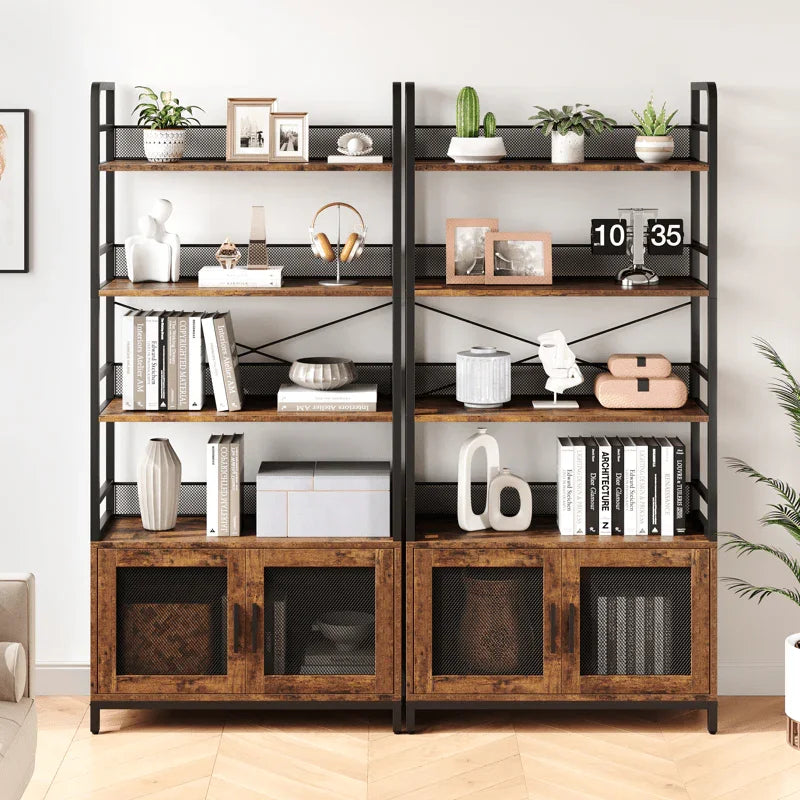 Industrial Farmhouse Bookshelf with Doors - Heavy-Duty Metal 4-Tier Bookcase, Extra Tall 70.87" Storage Cabinet, Easy Assembly Freestanding Shelf for Living Room, Home Office, Bedroom - Brown Industrial Decor Furniture, Books House Of Avana