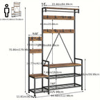 Rustic brown industrial hall tree with storage bench, wooden shoe rack - House of Avana