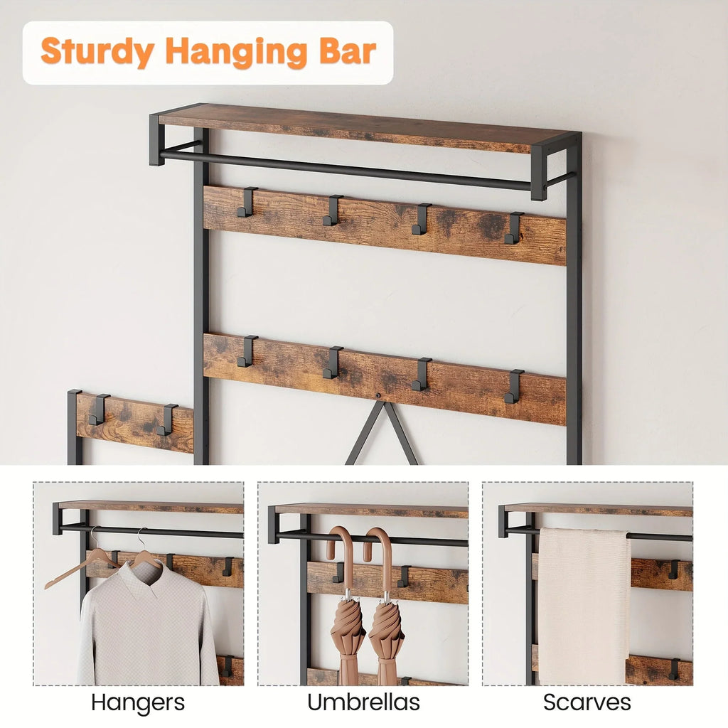 Rustic brown industrial hall tree with storage bench, wooden shoe rack - House of Avana